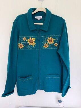 breckenridge Teal Zip-Up Jacket with Sunflower Embroidery NWT